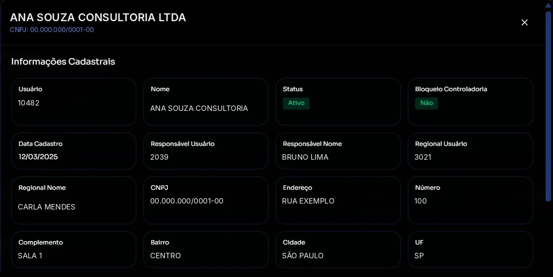 Cadastro completo do parceiro (dados fictícios)